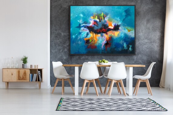 Vivid Abstract Color Explosion Teal Canvas Dynamic Multicolor Energy Poster