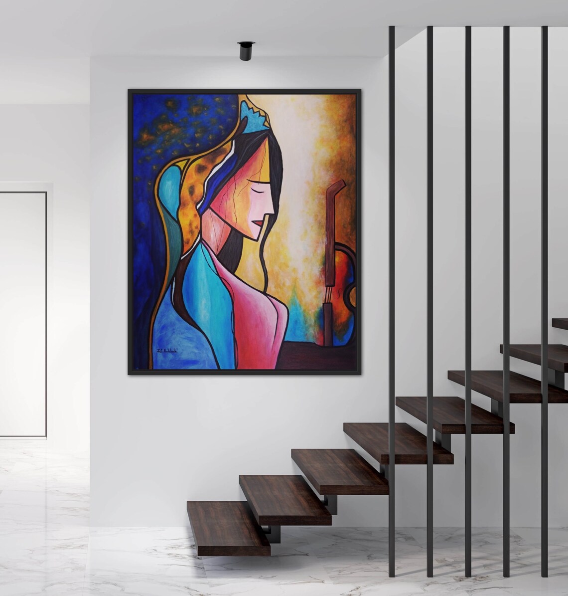 Cubist Colorful Woman Profile in Blue Yellow and Pink Poster - Image 3