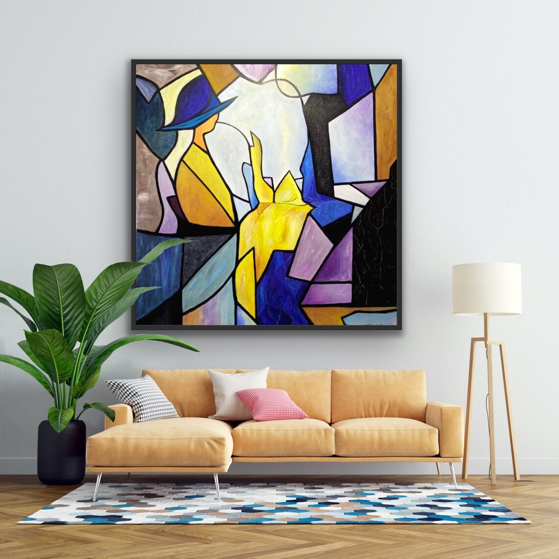 Abstract Stained Glass Woman with Hat Yellow Blue Purple Poster - Image 4