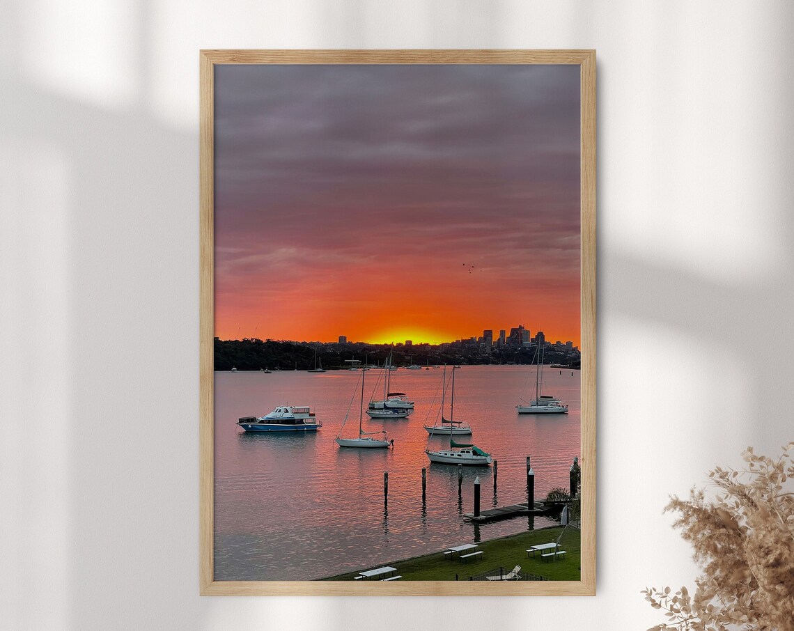 Sunset Sailboats Harbor Water Golden Hour Calm Sea Photo Poster