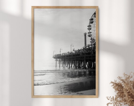 Bold Santa Monica Pier Ferris Wheel Black and White Photo Poster