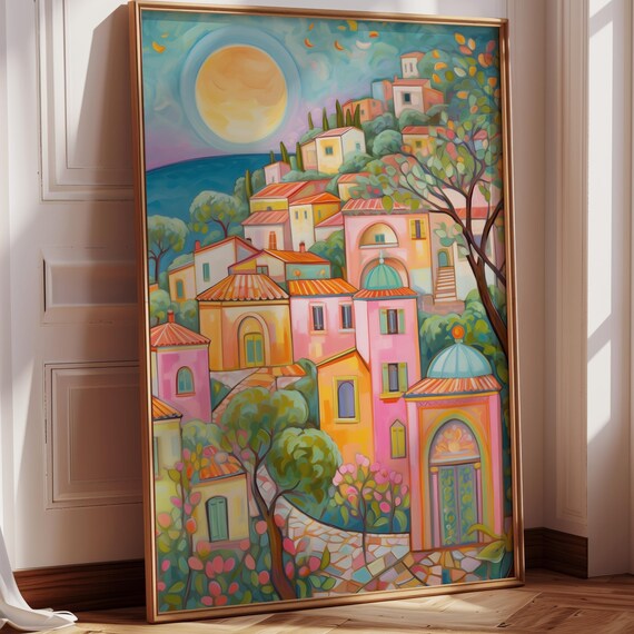 Whimsical Positano Pastel Hillside Village Under Golden Sun Art Print