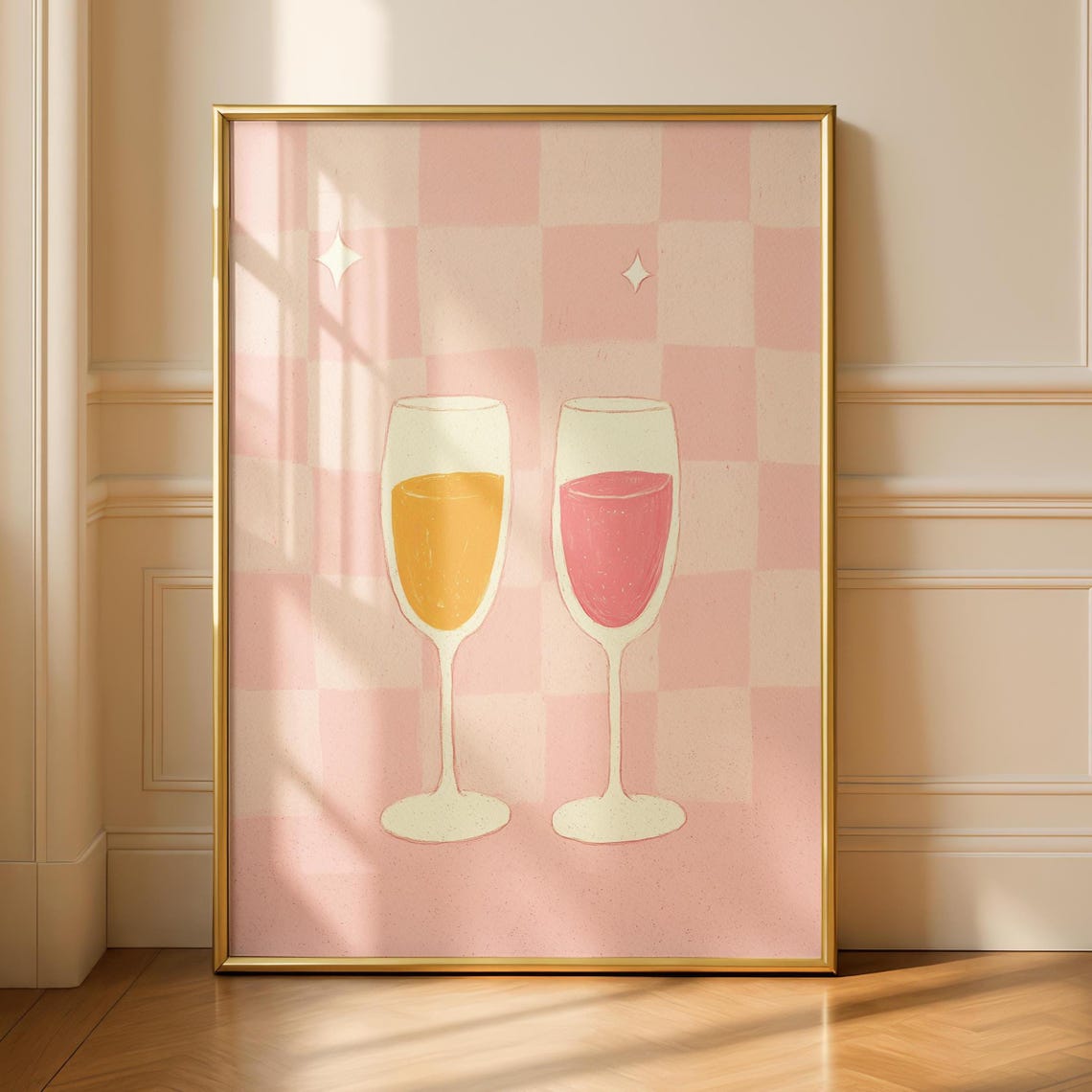 Pink Checkered Champagne Glasses Retro Bar Cart Aesthetic Poster
