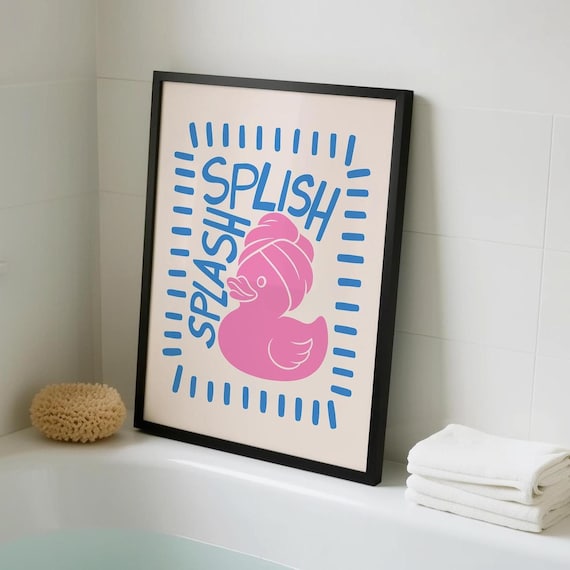 Splish Splash Funny Duck Bathroom Print Quirky Home Decor Pink Blue Poster