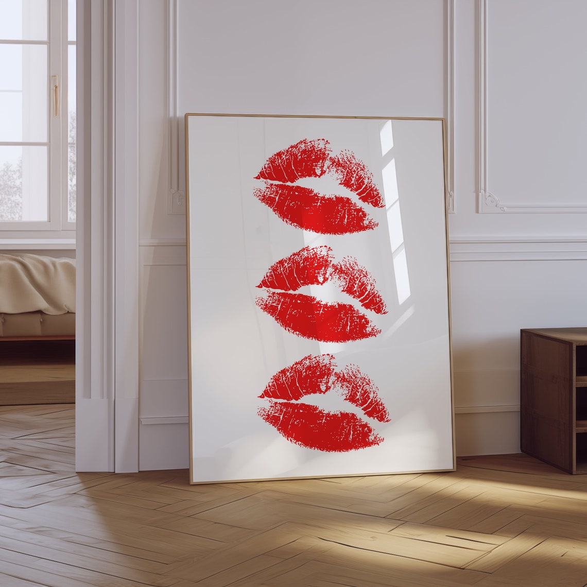 Red Lipstick Kiss Prints Trio Bold Minimalist Retro Wall Art