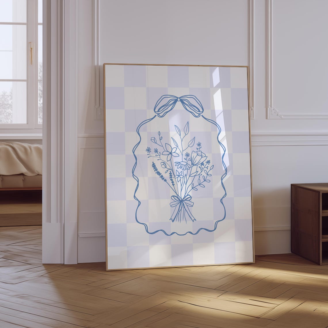 Blue Checkered Floral Bouquet Bow Ribbon Frame Minimalist Wall Art
