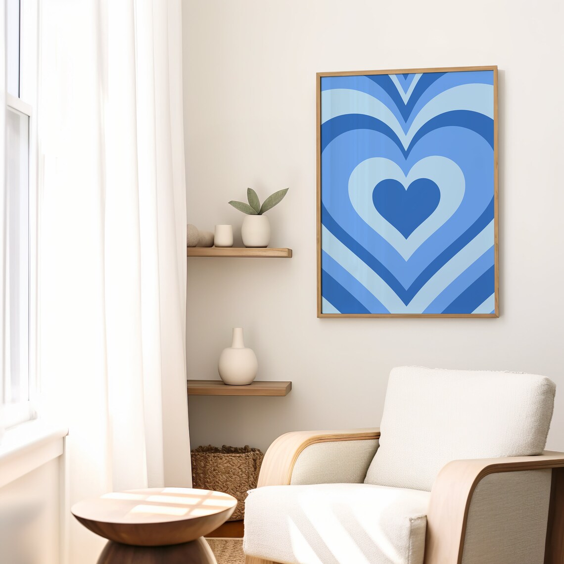 Blue Concentric Heart Retro Minimal Aesthetic Bedroom Wall Art
