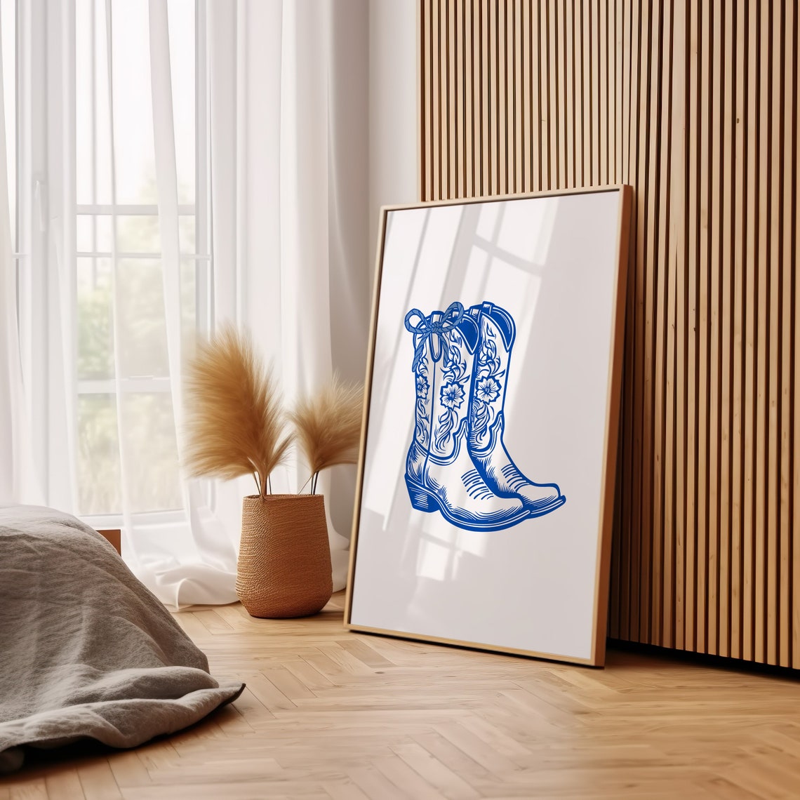 Blue Cowboy Boots Floral Stitch Bow Coastal Western Art Poster - Image 3