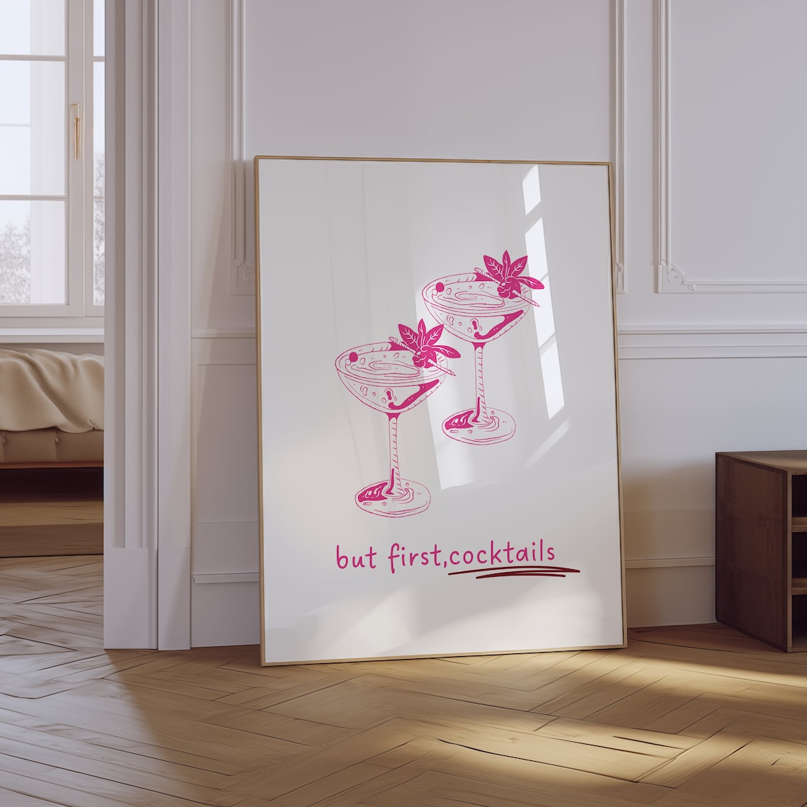 But First Cocktails Pink Martini Glasses Line Art Bar Cart Poster