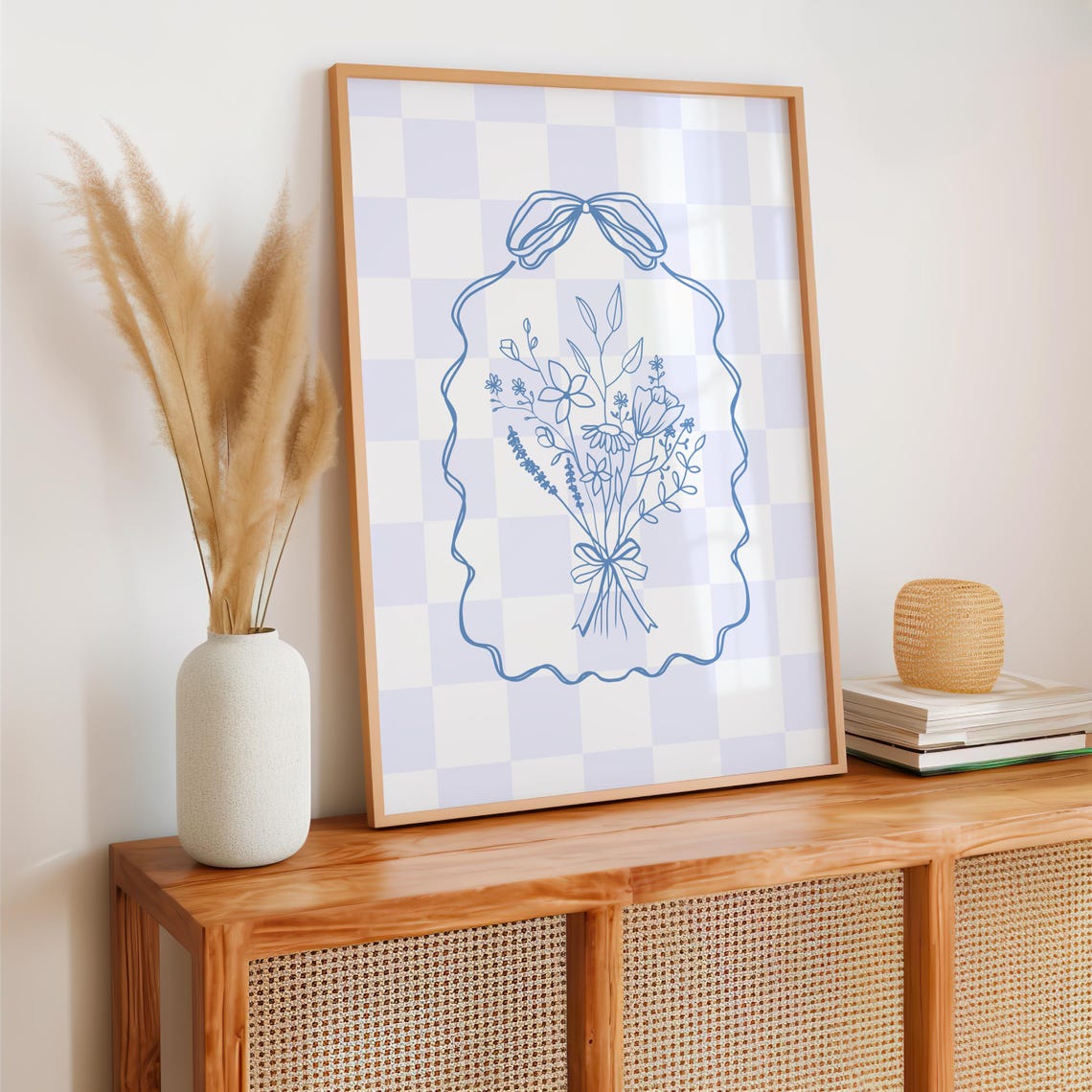 Blue Checkered Floral Bouquet Bow Ribbon Frame Minimalist Wall Art - Image 2