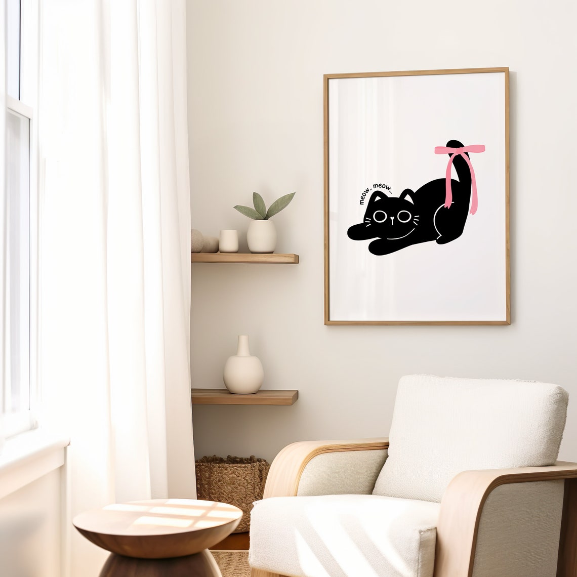 Black Cat Playing With Pink Bow Tail Coquette Cute Girly Art Poster - Image 2