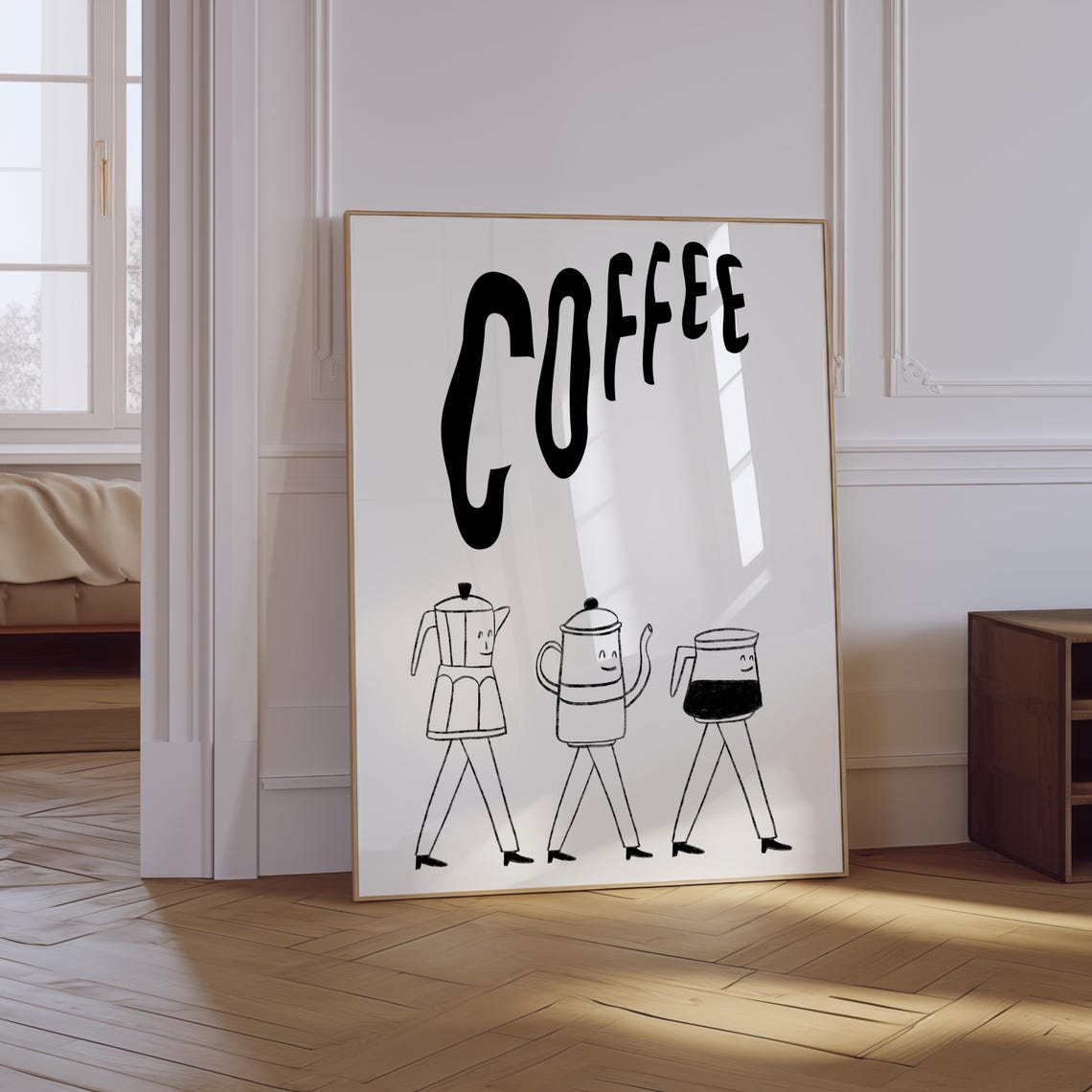 Coffee Walking Coffee Pots Black Line Art Kitchen Poster For Her
