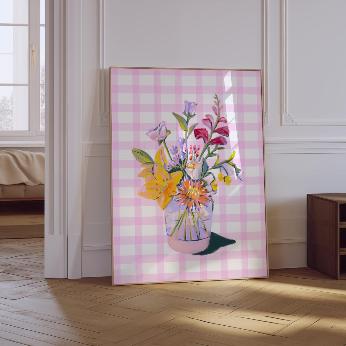 Pink Gingham Floral Still Life Watercolor Vase Bouquet Spring Print
