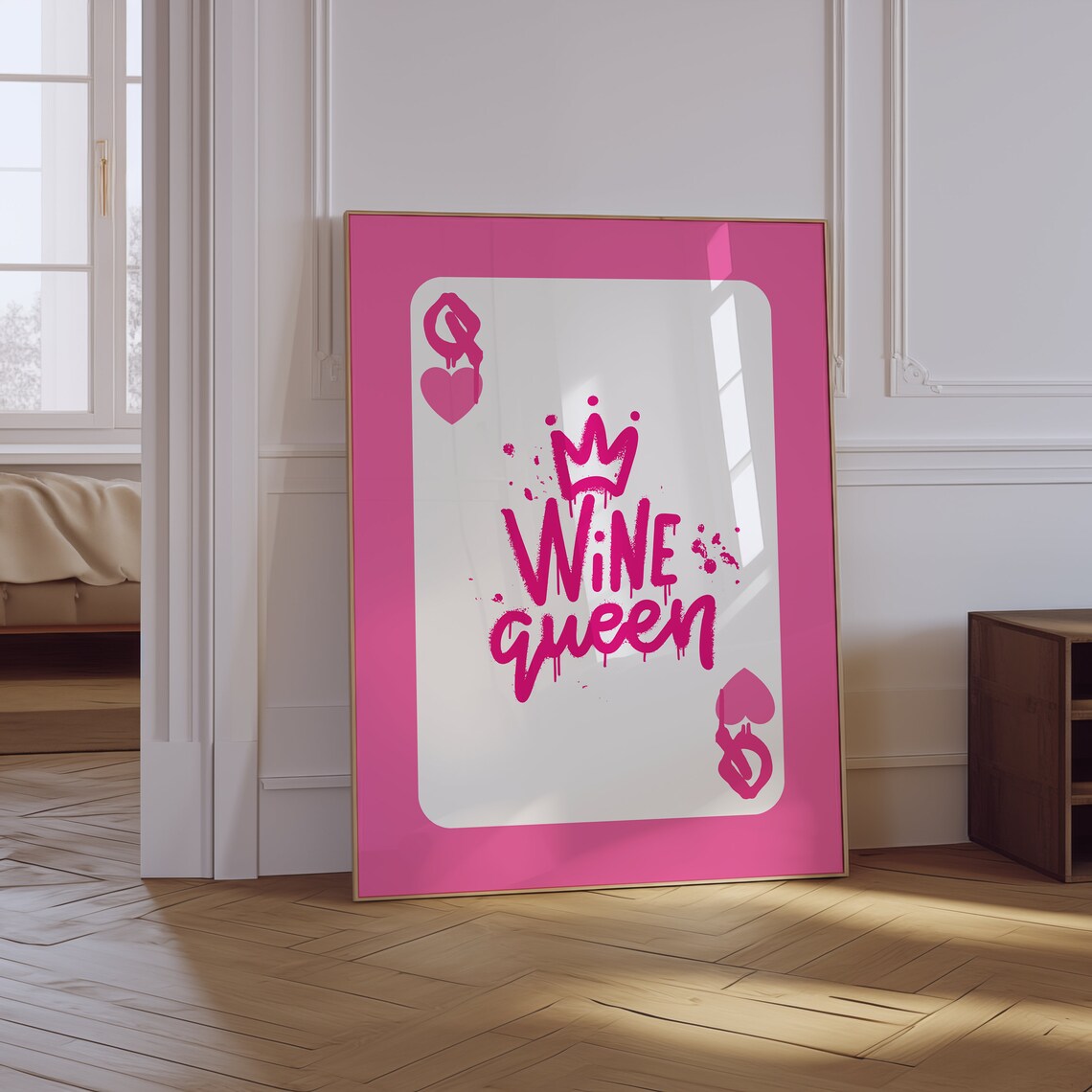 Wine Queen Pink Queen Of Hearts Playing Card Graffiti Crown Bar Cart Print - Image 4