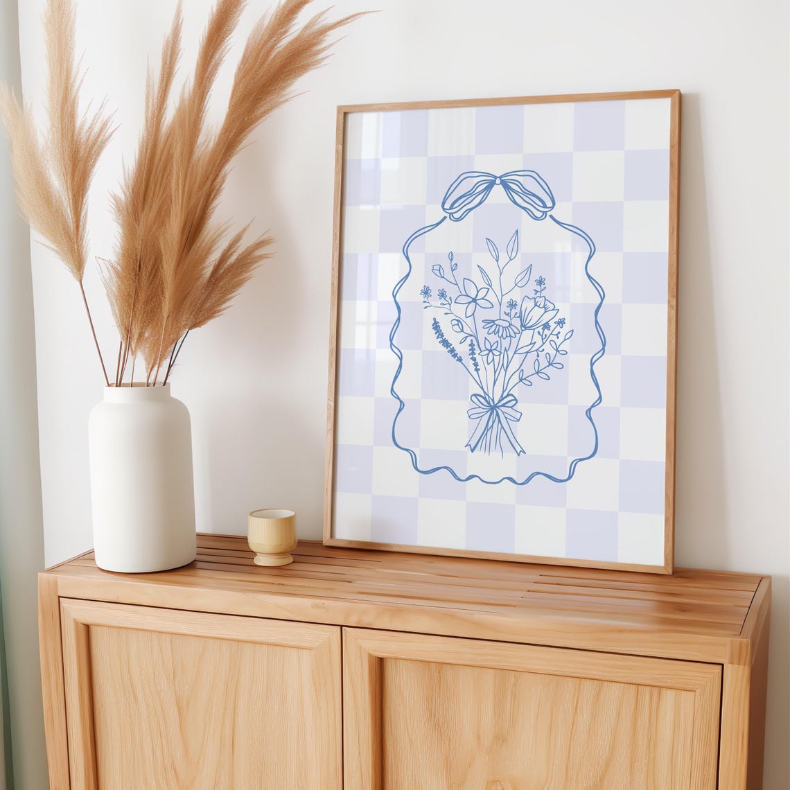 Blue Checkered Floral Bouquet Bow Ribbon Frame Minimalist Wall Art - Image 4