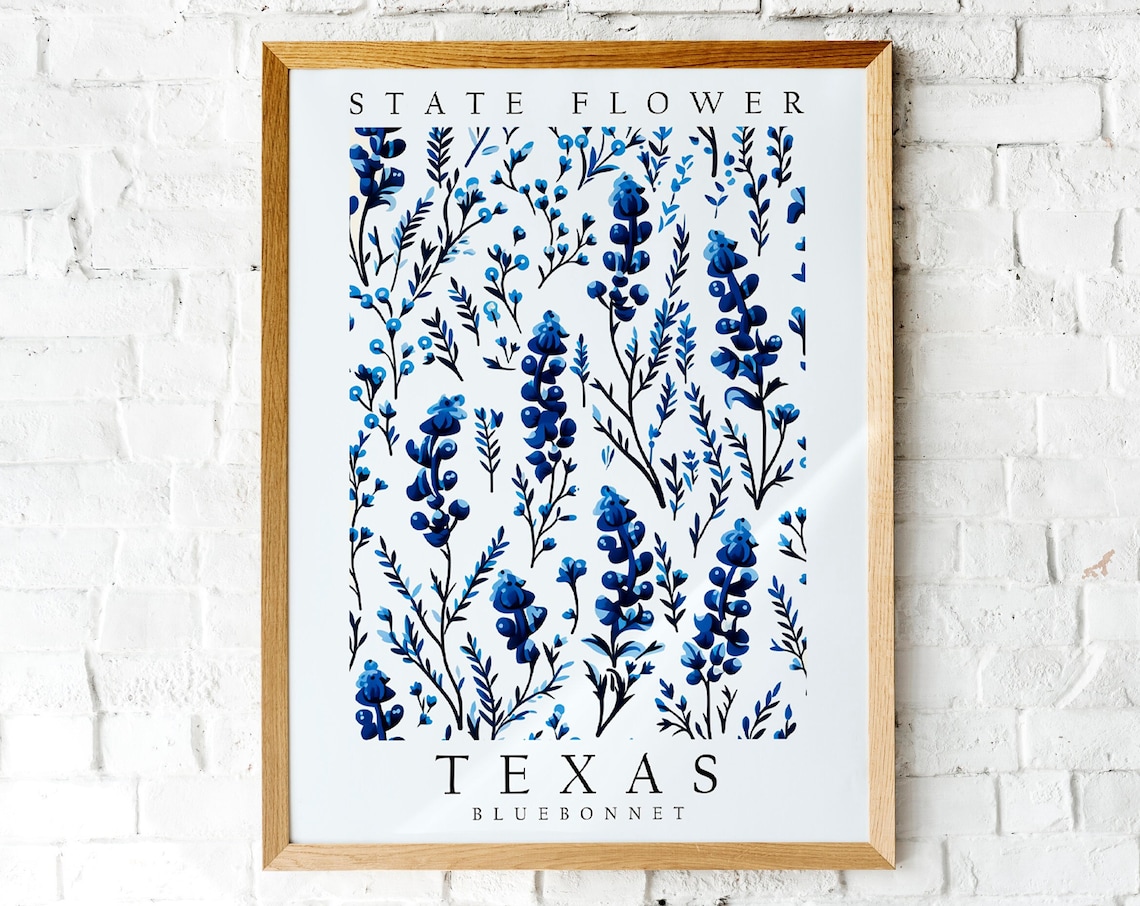 Texas State Flower Bluebonnet Botanical Watercolor Flower Poster