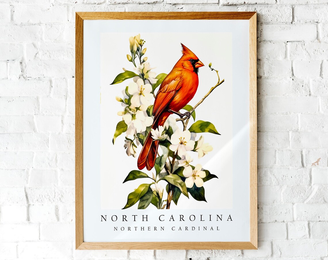 Northern Cardinal Bird Watercolor North Carolina State Print