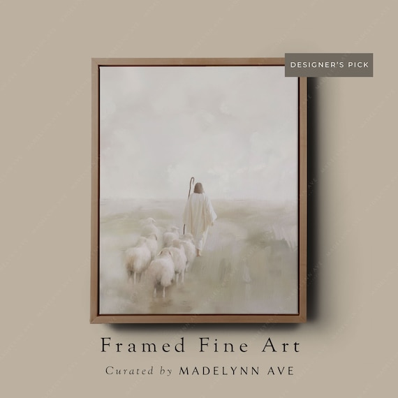 Minimalist Jesus and Sheep Art Print, Neutral Christian