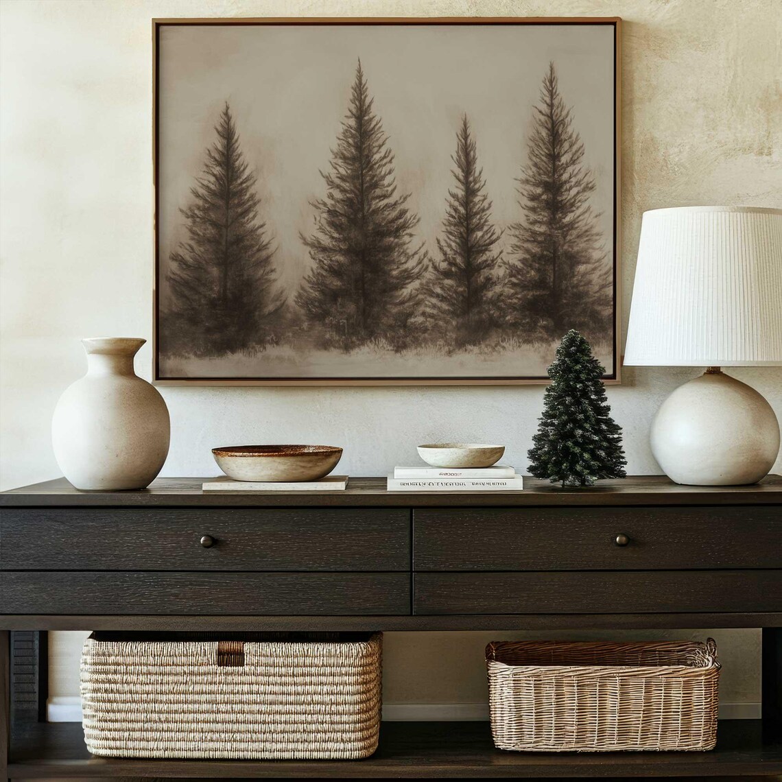 Vintage Winter Trees Art Print, Rustic Evergreen Landscape - Image 4