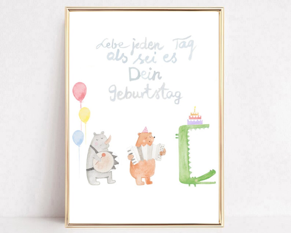 German Birthday Quote Watercolor Animal Party Nursery Poster