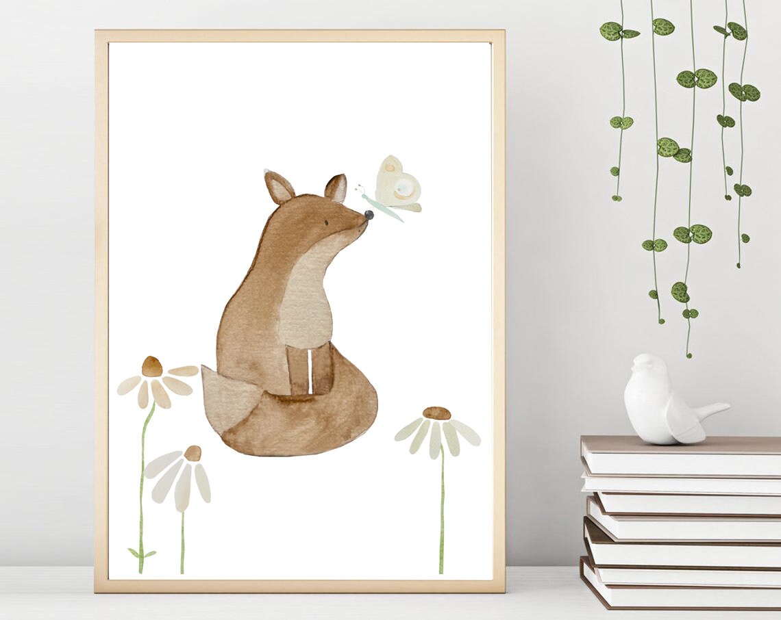 Watercolor Fox Butterfly Daisies Cute Woodland Nursery Art Poster - Image 2