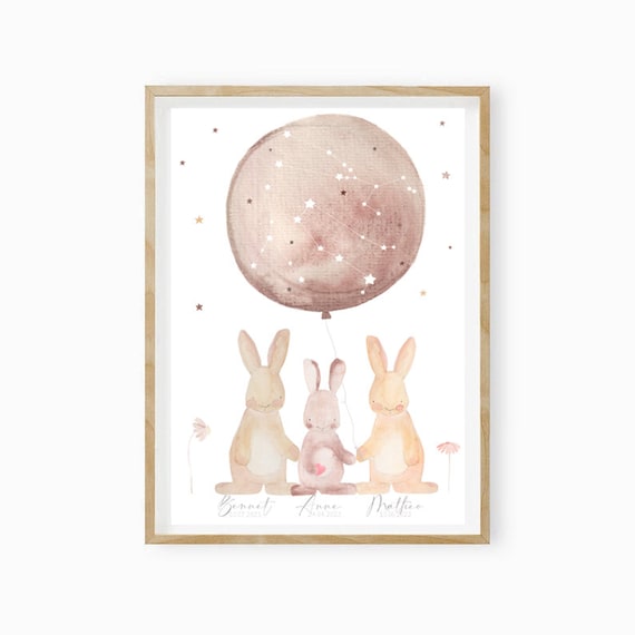 Three Bunnies Balloon Stars Personalized Sibling Names Art Poster
