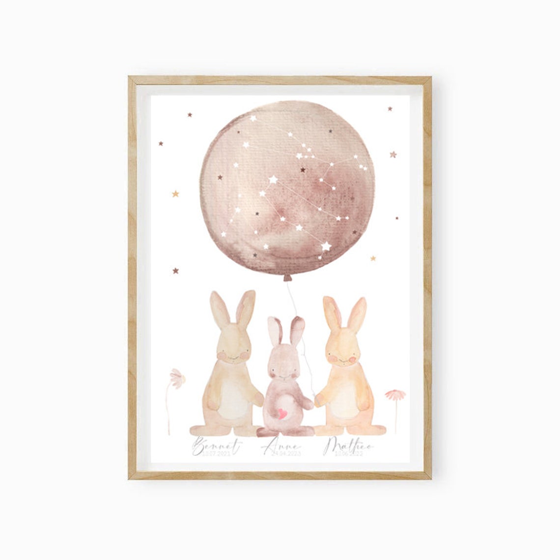 Three Bunnies Balloon Stars Personalized Sibling Names Art Poster