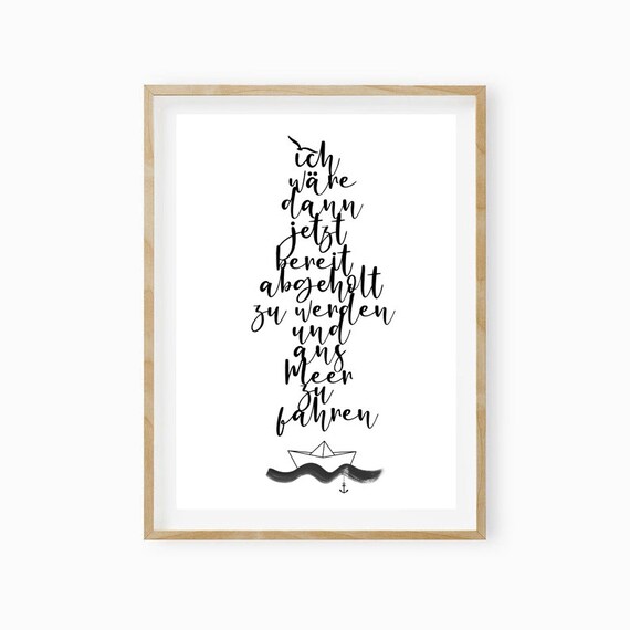 German Sea Quote Wave Typography Paper Boat Coastal Art Poster