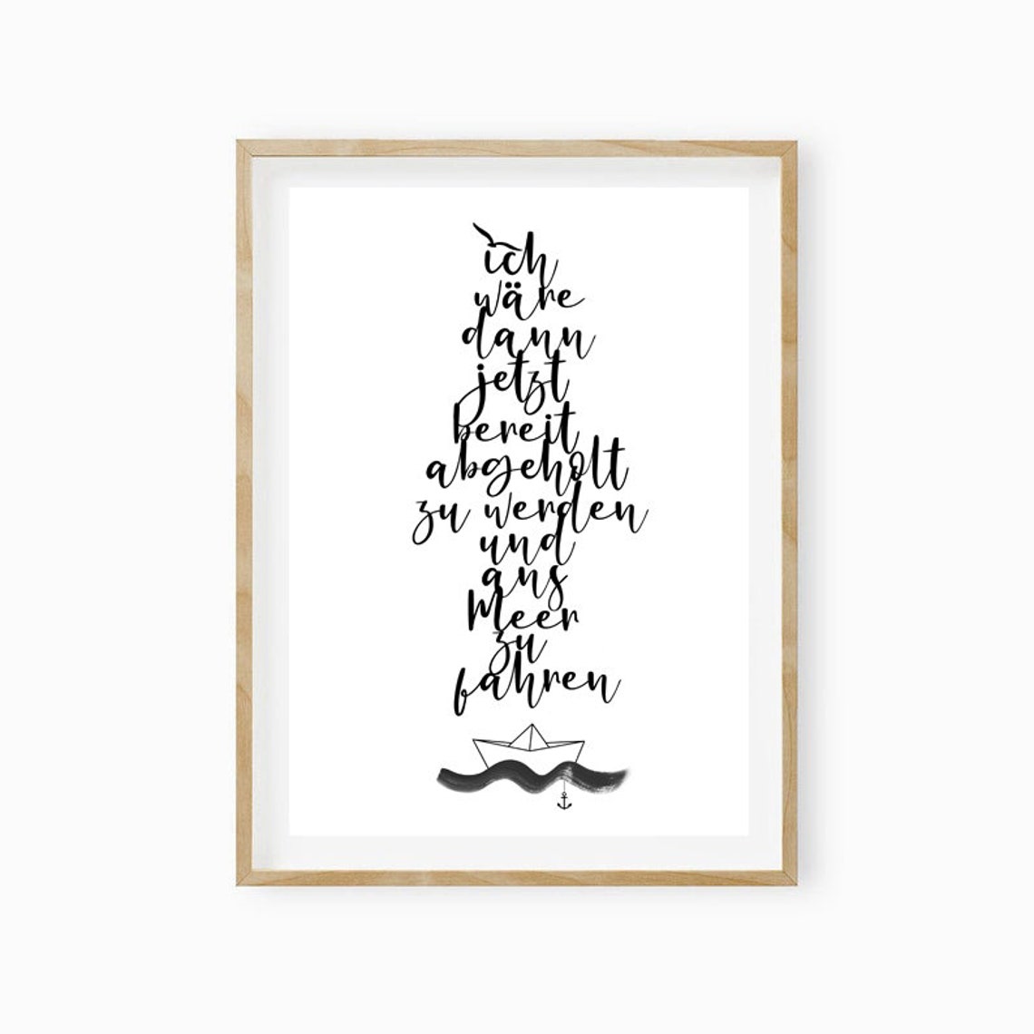 German Sea Quote Wave Typography Paper Boat Coastal Art Poster