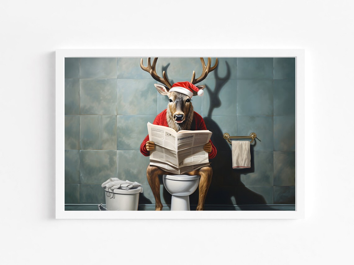Reindeer on Toilet Reading Newspaper Funny Christmas Humor Poster - Image 4