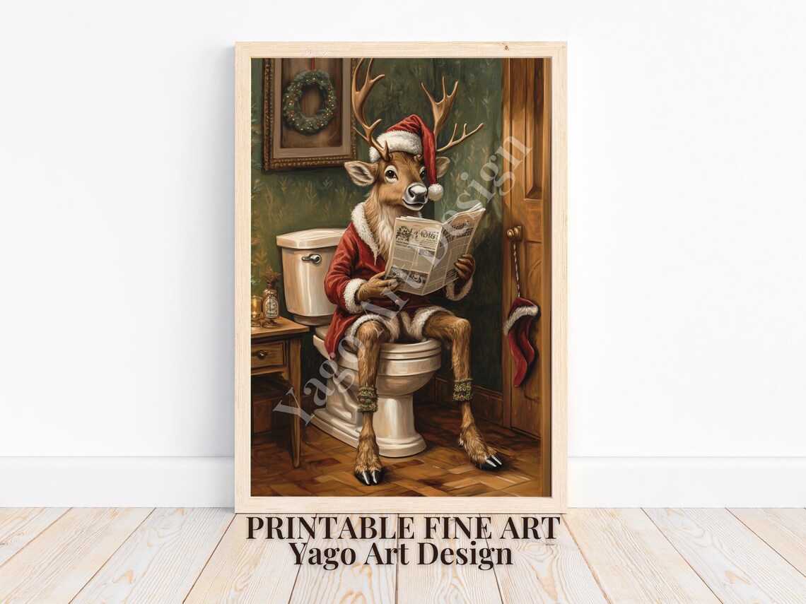 Reindeer in Santa Coat Reading Newspaper on Toilet Christmas Poster