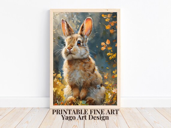 Cute Bunny Portrait among Autumn Leaves Warm Oil Painting Poster