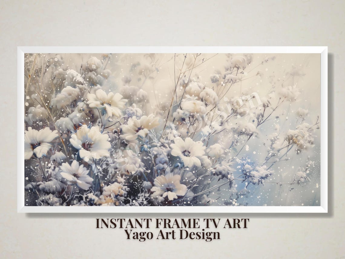 Winter Wildflowers Frame Tv Art Oil Painting Frame Tv Art White Holiday Painting Winter Season Decor Tv - Image 2