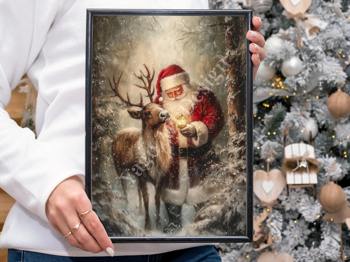 Santa With Lantern and Reindeer in Snowy Forest Vintage Art Poster - Image 4