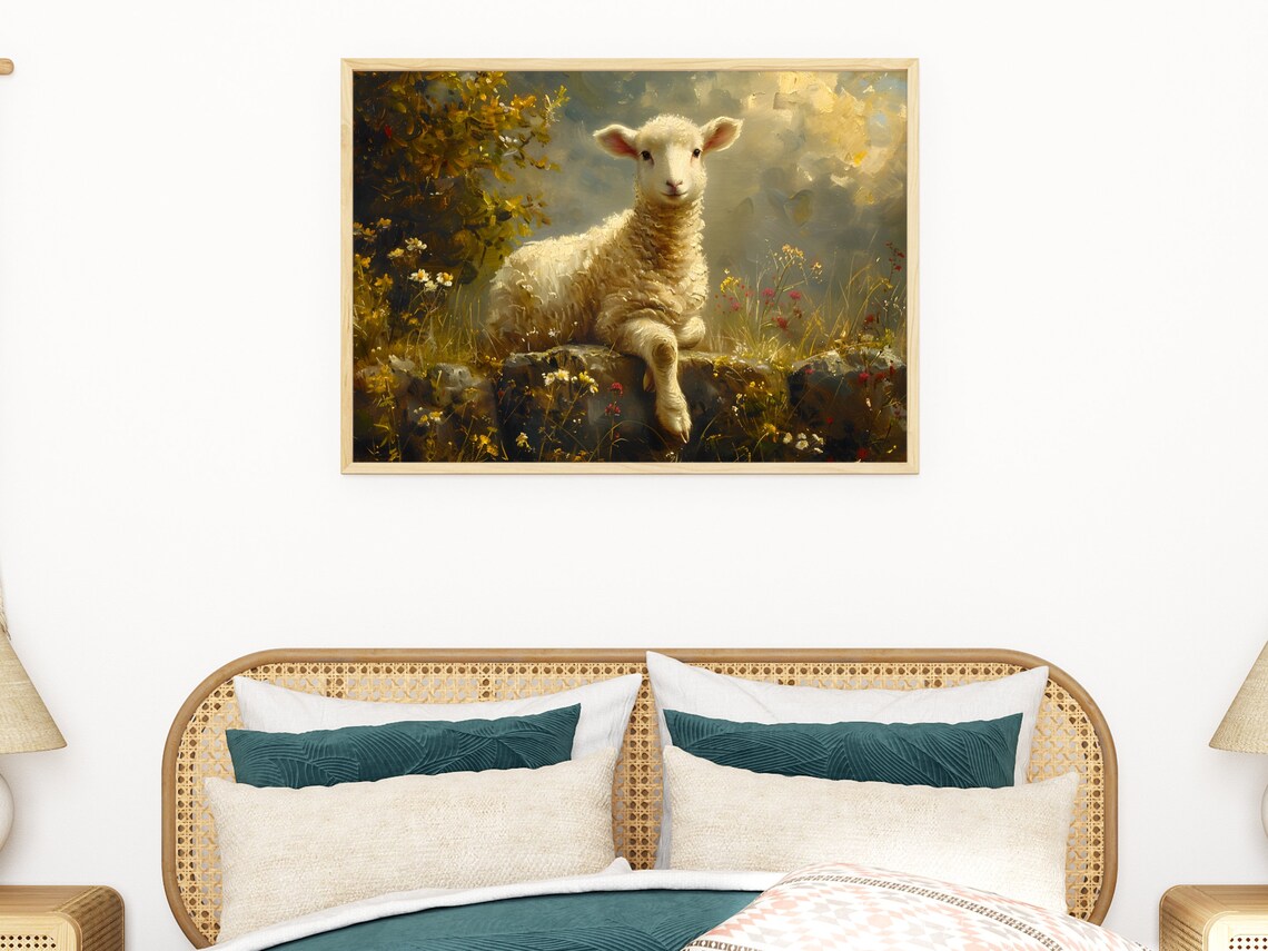 Vintage Lamb Resting in Wildflower Meadow Golden Oil Painting Poster - Image 3