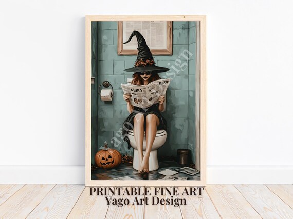 Witch Reading Newspaper on Toilet Halloween Bathroom Art Poster