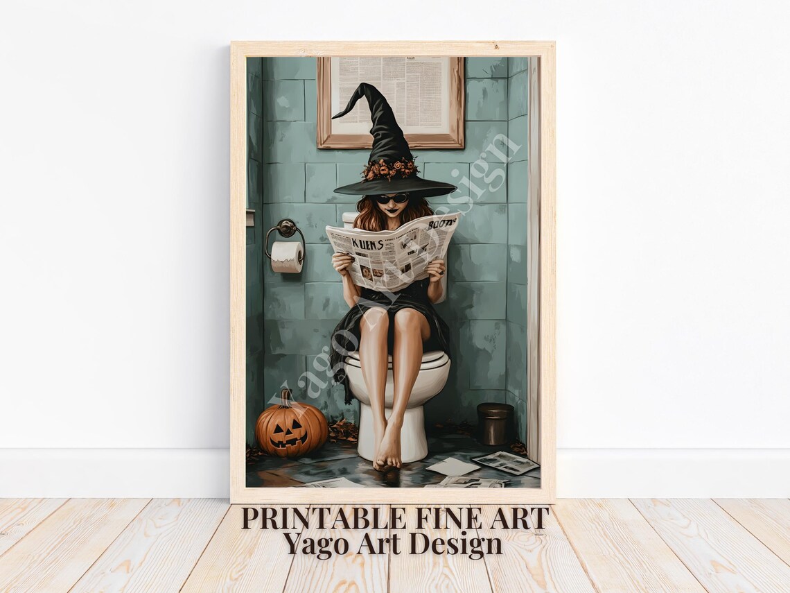 Witch Reading Newspaper on Toilet Halloween Bathroom Art Poster