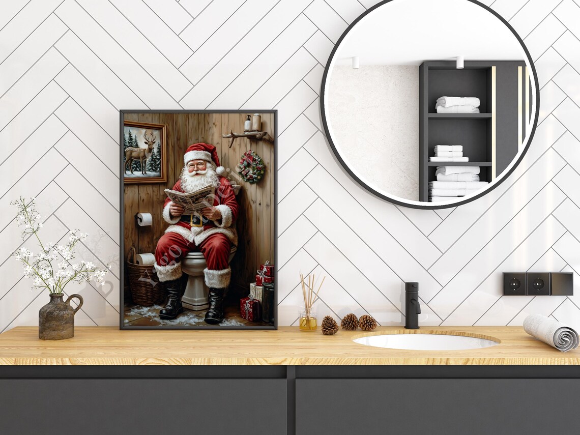 Santa Claus Reading Newspaper on Toilet Poster Rustic Bathroom - Image 3