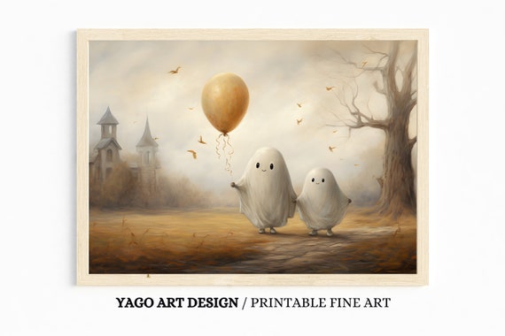 Cute Ghost Wall Art Print Halloween Art Print Ghost Holding Balloon Wall Decor Cute Ghosts In Field Autumn Wall Art Nursery Decor