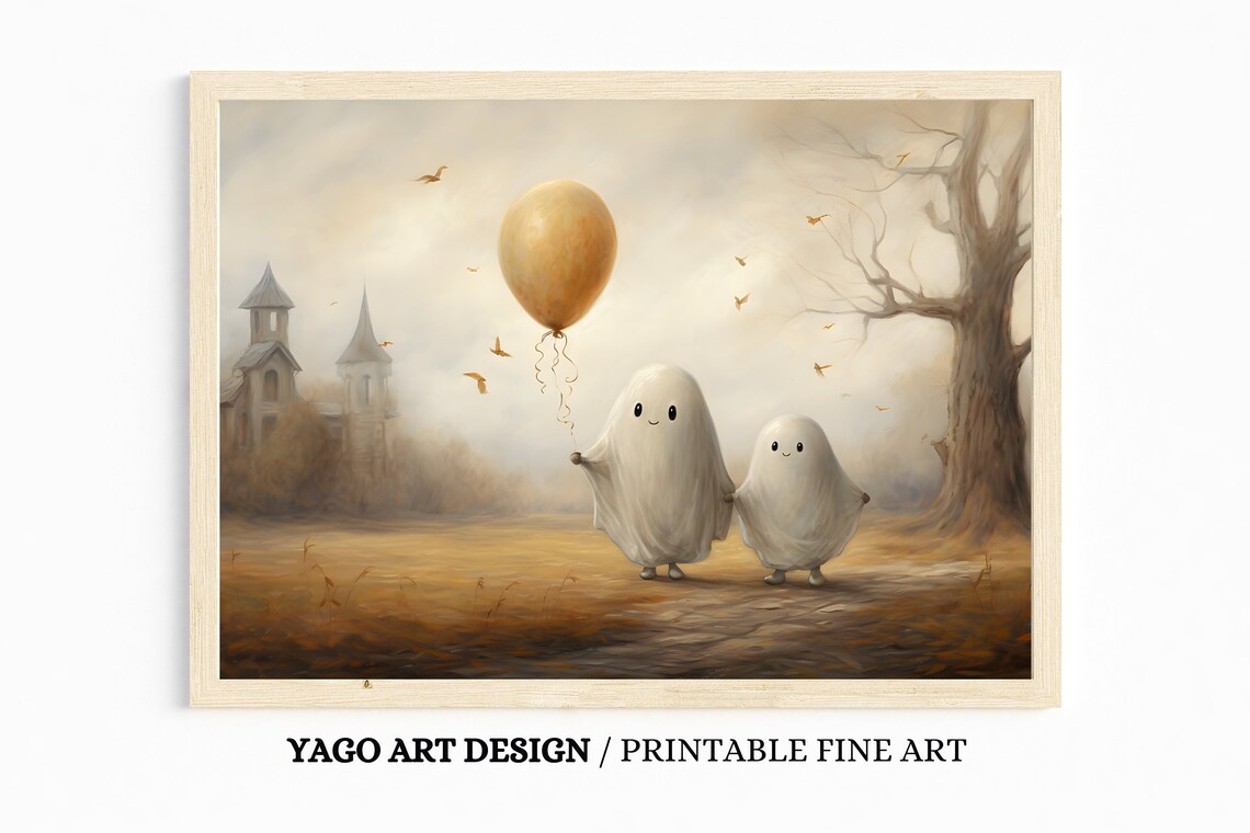 Two Cute Ghost Friends Golden Balloon Autumn Landscape Art Print