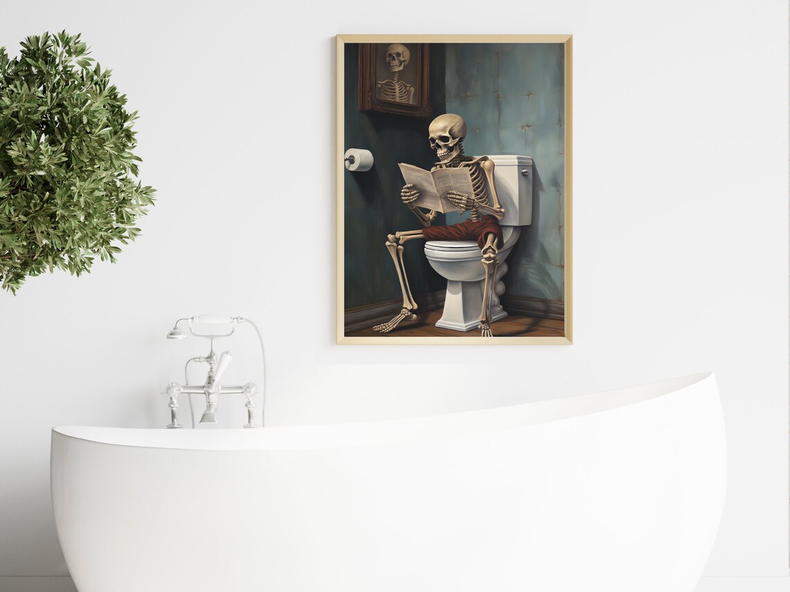 Skeleton on Toilet Reading Newspaper Funny Gothic Bathroom Poster - Image 4