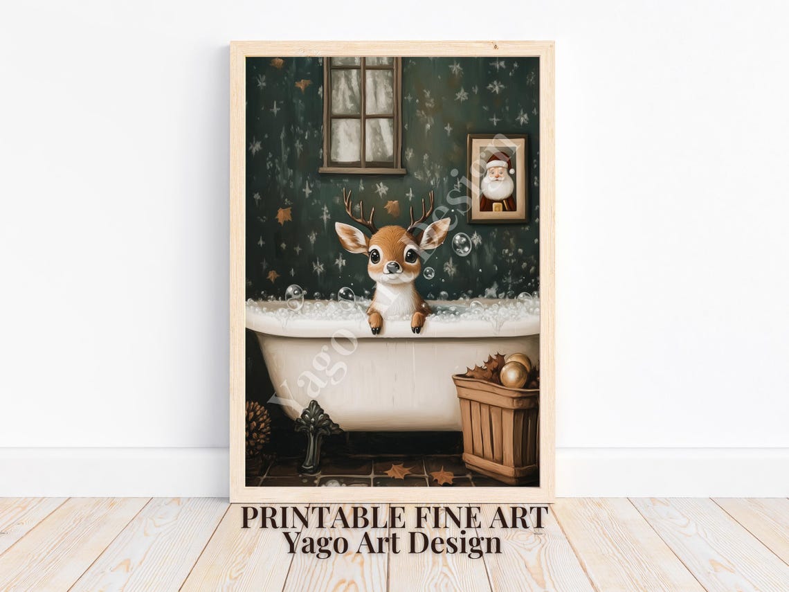 Cute Reindeer Bubble Bath Poster Whimsical Christmas Nursery Art