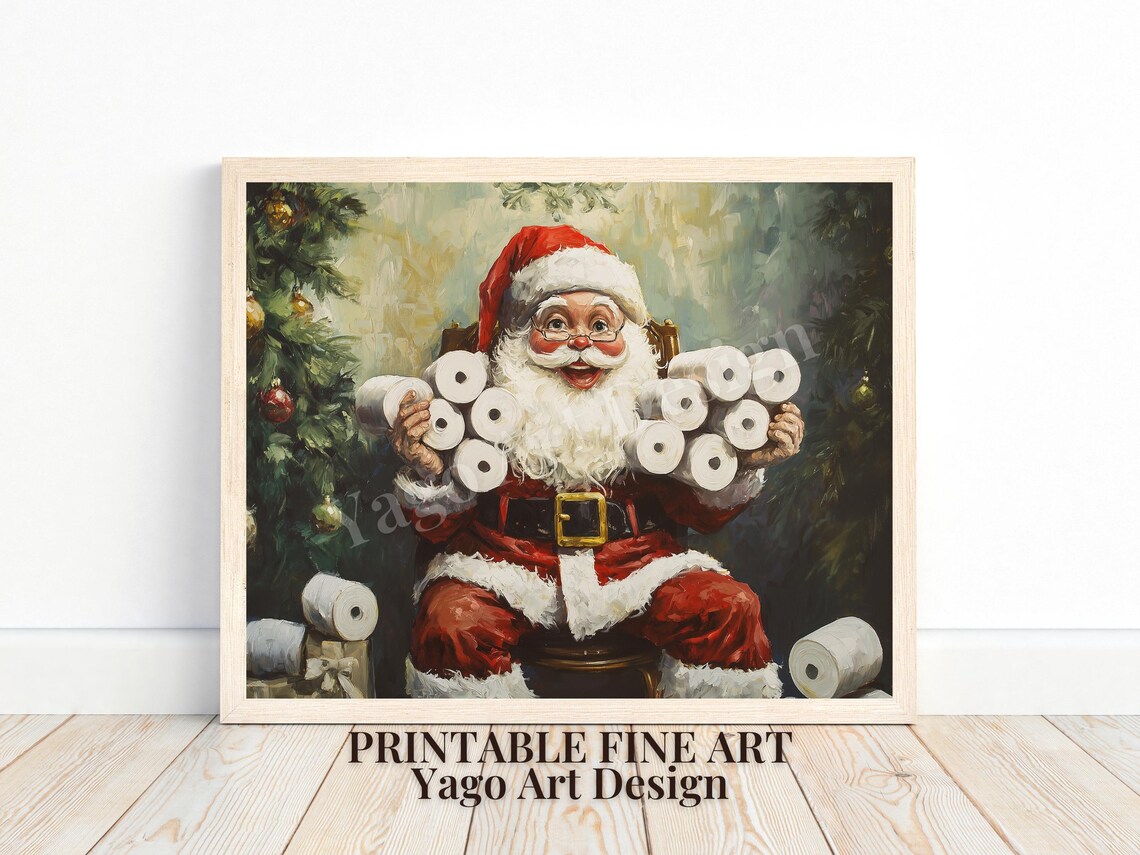 Funny Santa on Toilet with Toilet Paper Christmas Bathroom Poster
