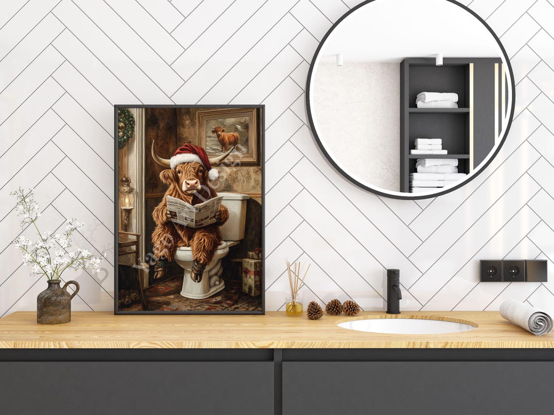 Highland Cow With Santa Hat Wall Art Cow On Toilet Victorian Era Painting Funny Bathroom Print Animal On Toilet Whimsy Animal Decor - Image 3