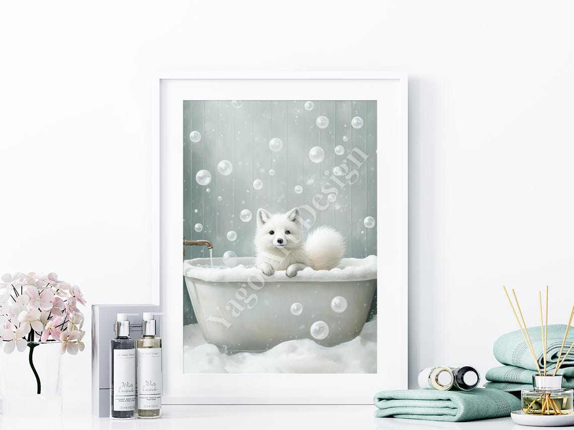 Arctic Fox Cub in Bubble Bath Poster Minimalist Winter Decor - Image 4