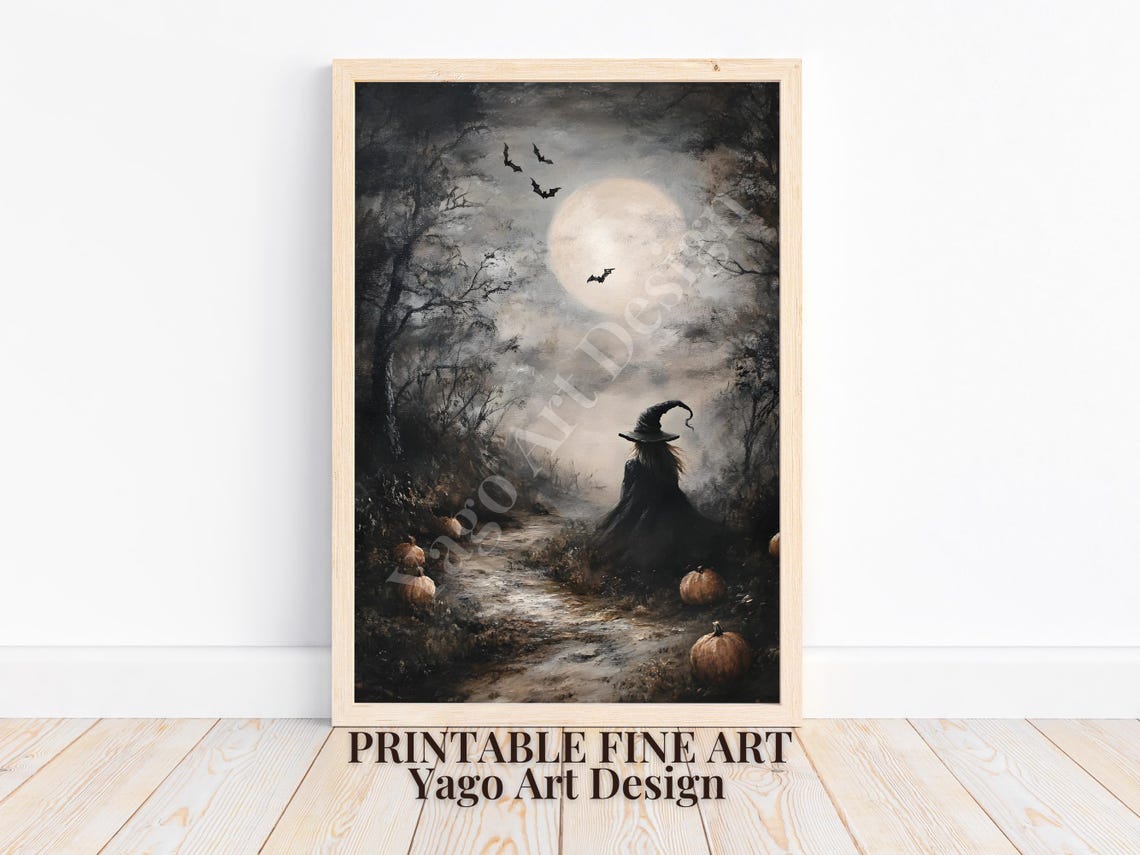 Spooky Witch Walking in Moonlit Forest with Pumpkins Halloween Poster