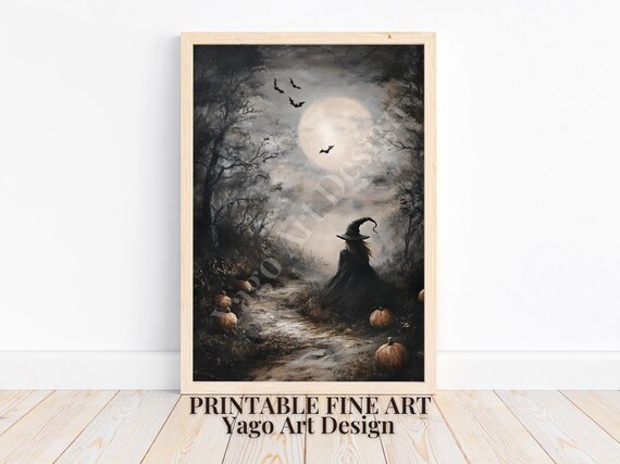 Spooky Witch Walking in Moonlit Forest with Pumpkins Halloween Poster