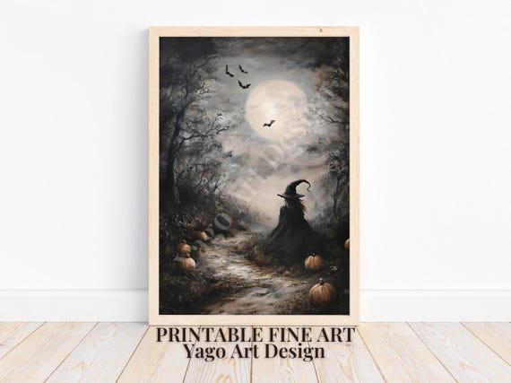 Witch Art Witch Under The Full Moon Art Print Moody Vintage Wall Decor Whimsical Witch Poster Halloween Painting Spooky Forest