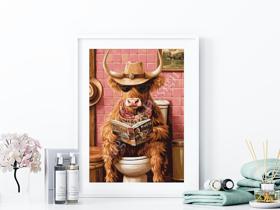Cowgirl Highland Cow Sitting On Toilet Art Print Rustic Farmhouse Bathroom Decor Trendy Preppy Pink Toilet Poster Retro Western Cowgirl - Image 4