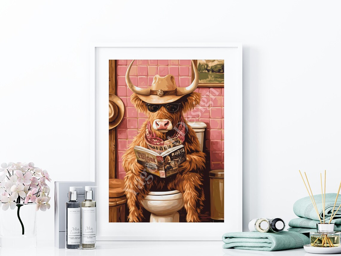 Highland Cow Cowboy Hat Sunglasses Reading Magazine Funny Poster - Image 4
